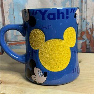 Disney Parks Mickey Mouse Blue & Yellow Ceramic Mug With Glitter Accents Quotes